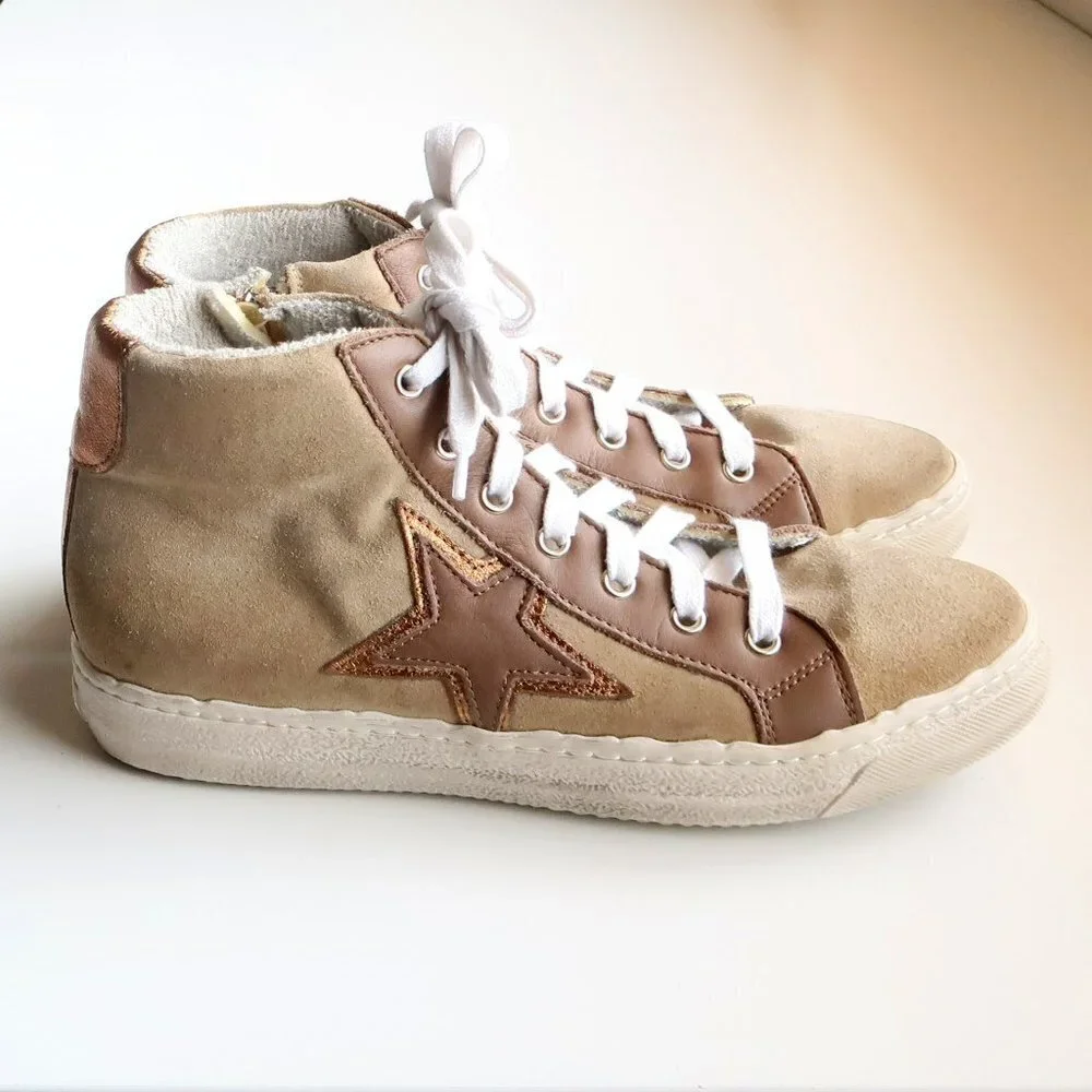 The Shoe Box Beige Suede & Brown Leather High Top Sneakers Lace-up w Star 8.5 - Picture 15 of 16